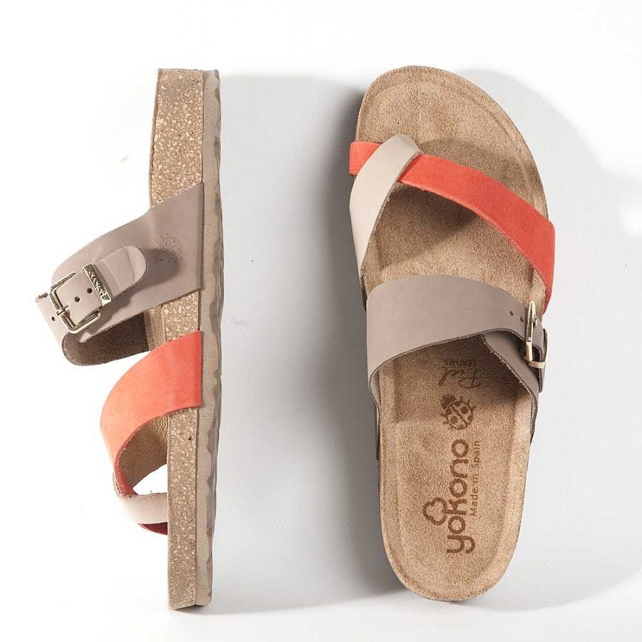 Women Calzaro Bios Sandals | Jerba Flat Sandal 091Coral, Taupe And Brown.