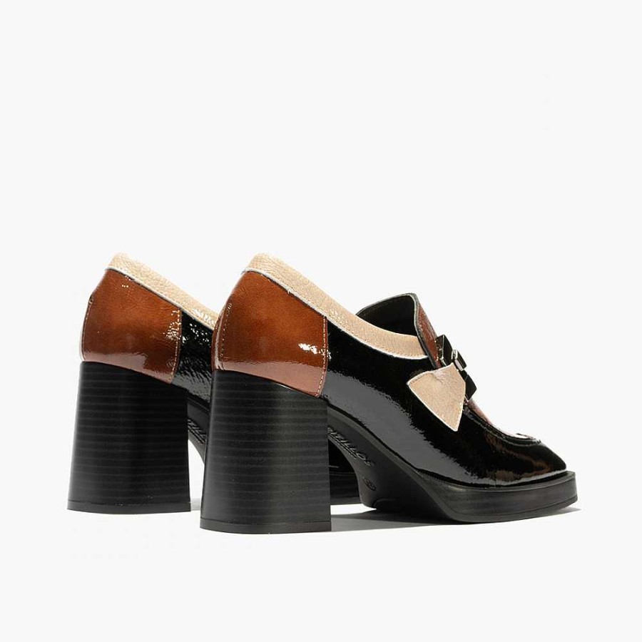 Women Calzaro Loafers|Comfort|Casual|Heeled shoes | Patent Leather Moccasin 5484 Black-Leather-Stone.