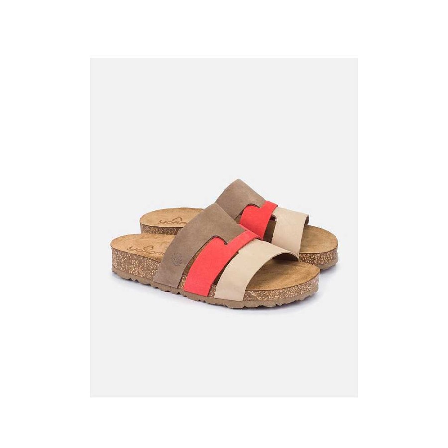 Women Calzaro Bios Sandals | Flat Sandal Jerba 116 Coral Red, Taupe And Brown.