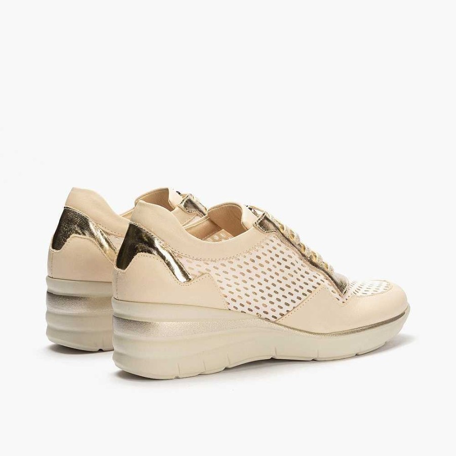 Women Calzaro Sneakers | Women's High Top Sneaker Combination of Leather and Fabric 1350 Cream