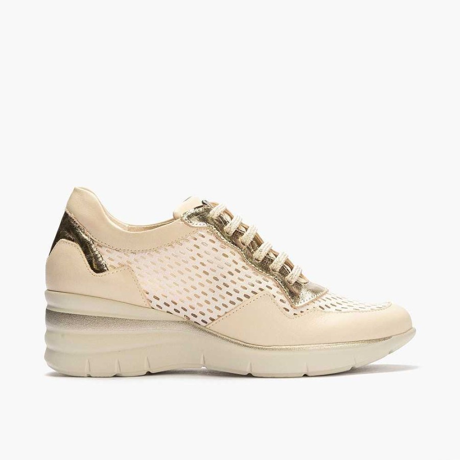 Women Calzaro Sneakers | Women's High Top Sneaker Combination of Leather and Fabric 1350 Cream