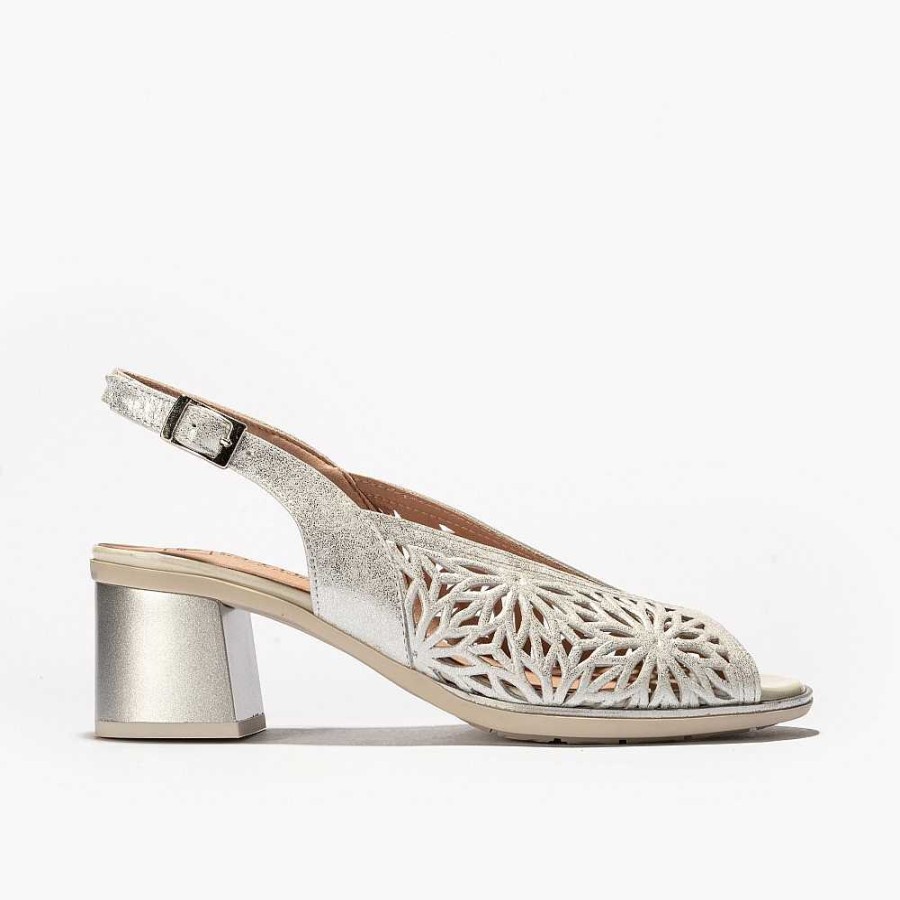 Women Calzaro Heeled shoes | Women's Sandal 5171 Silver With Vee Hole.