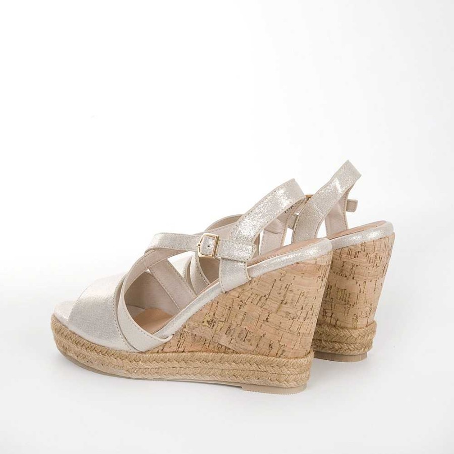 Women Calzaro Espadrilles | Cork and Jute Crib Sandal 711 Platinum Gold.