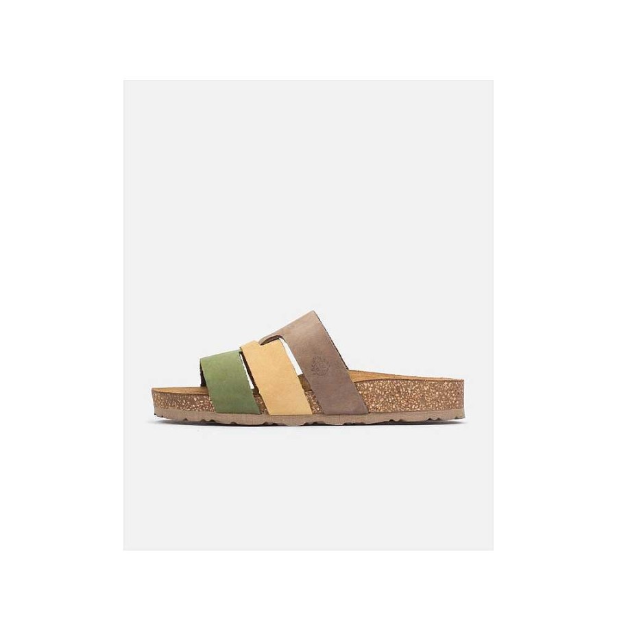 Women Calzaro Bios Sandals | Jerba 116 Flat Sandal Olive Green, Mustard, and Brown.