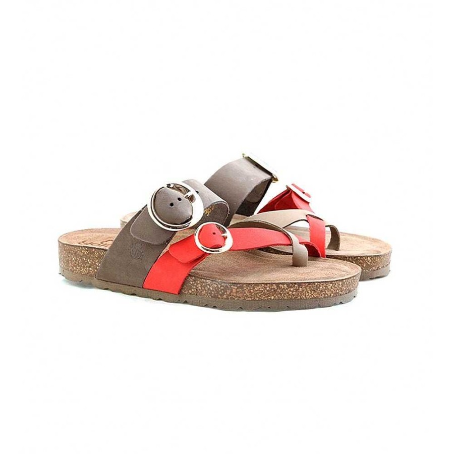 Women Calzaro Bios Sandals | Jerba 122 Flat Sandal Coral Red, Taupe And Brown.