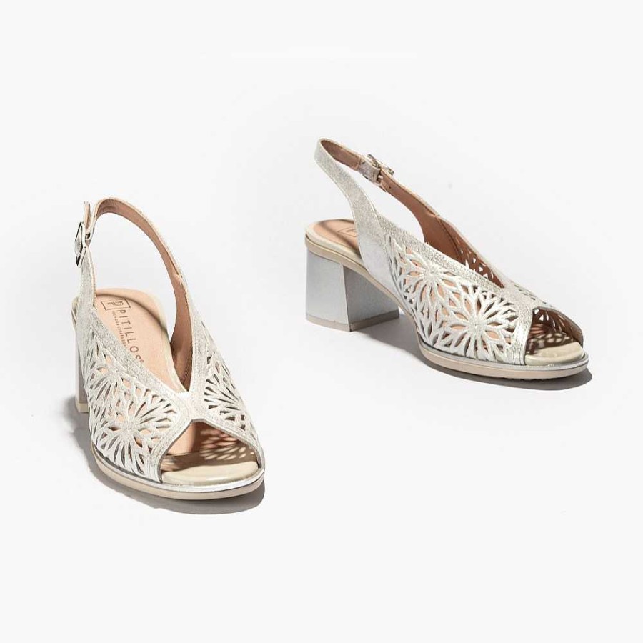 Women Calzaro Heeled shoes | Women's Sandal 5171 Silver With Vee Hole.