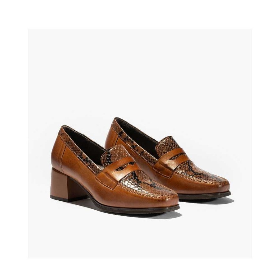 Women Calzaro Heeled shoes|Loafers|Comfort | Moccasins 1682 With Medium Heel Lucido/Zimba Light Brown Leather