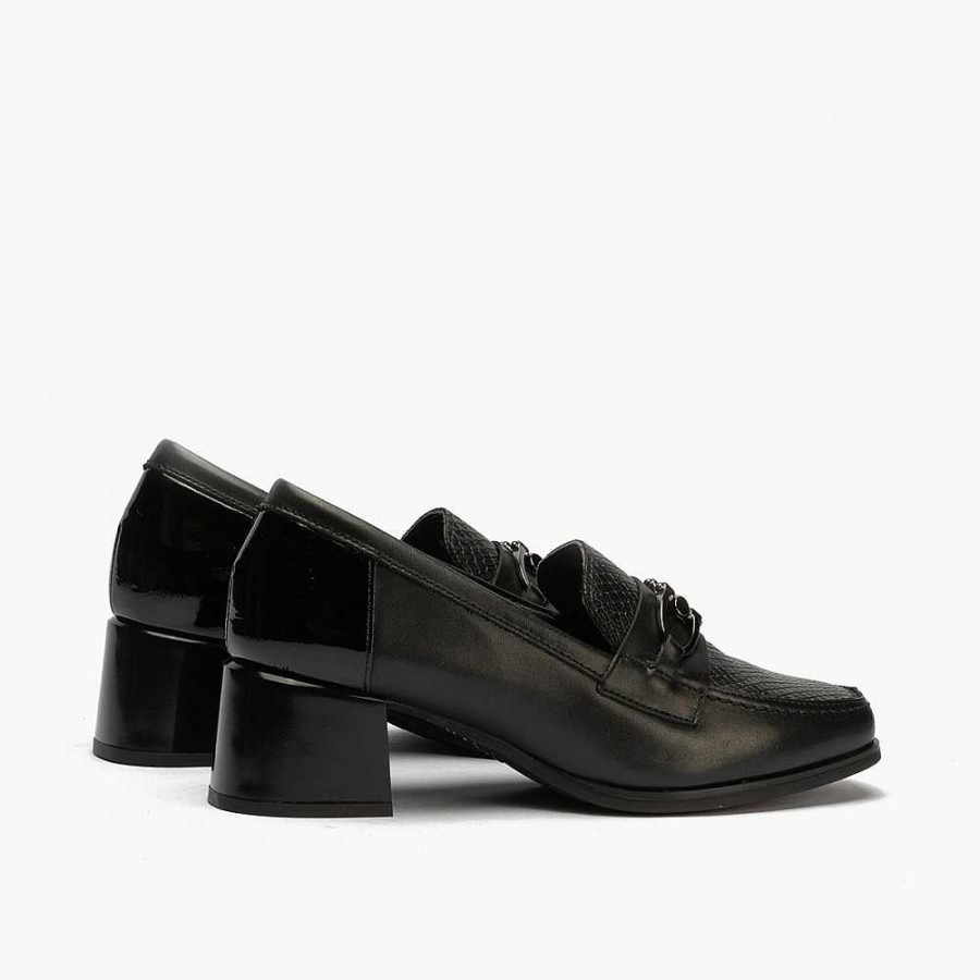 Women Calzaro Heeled shoes|Loafers|Comfort | Moccasins 5412 Black With Shiny Medium Heel