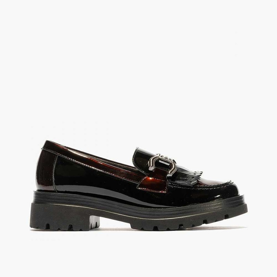 Women Calzaro Mocasines|Comfort|Casual | Manoletina Moccasin 5360 Black and Brown with Fringes