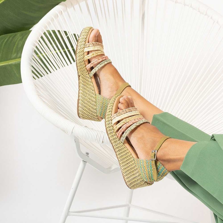 Women Calzaro Sandals | Pala Women's Sandal 5234 With Five Green Braids.