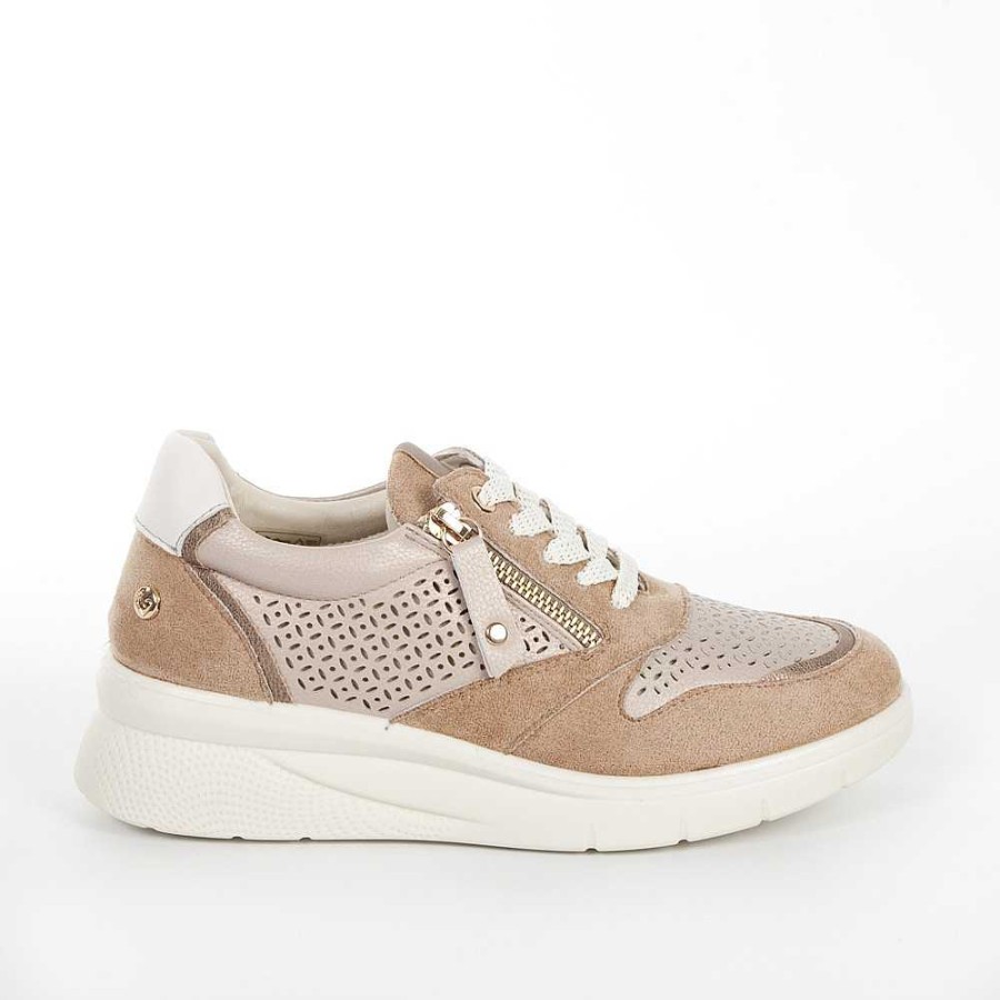 Women Calzaro Sneakers | Sports Cradle Laces And Cream. Perforated Side 23388 Taupe