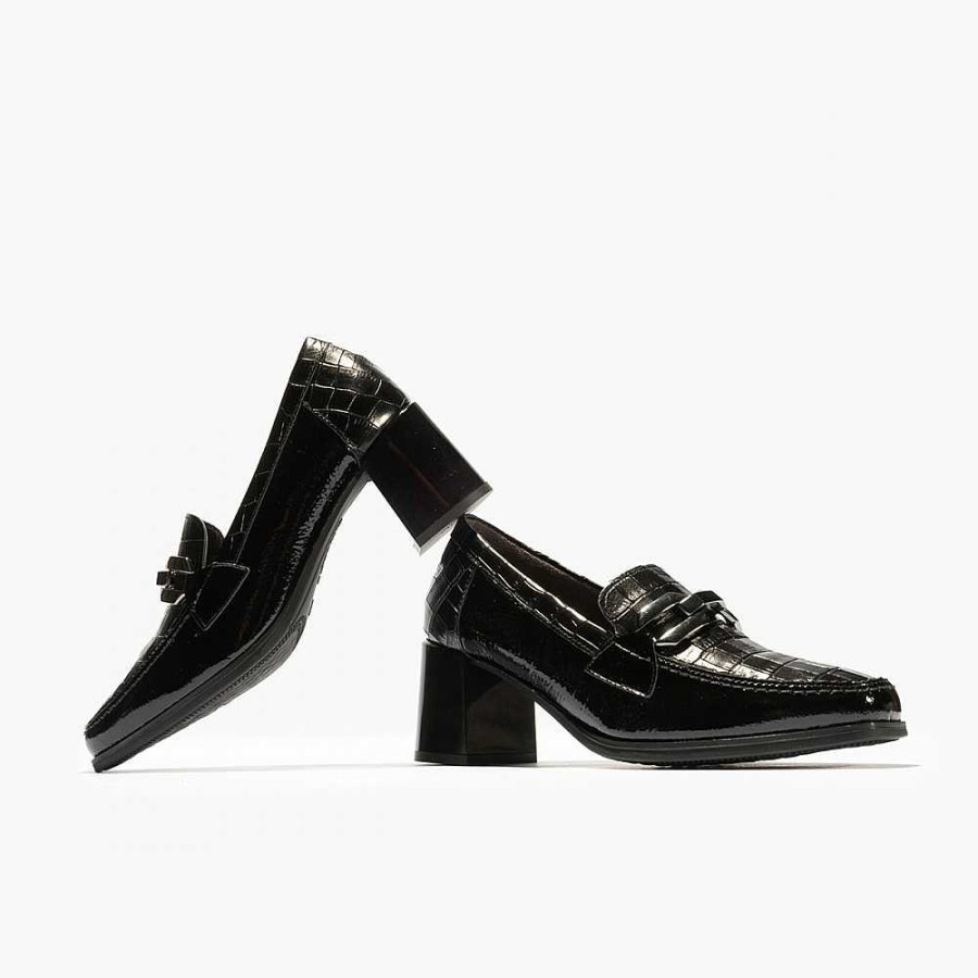 Women Calzaro Heeled shoes|Loafers|Comfort | Moccasins 5402 Black With Shiny Medium Heel