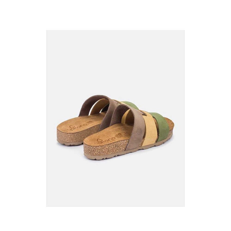 Women Calzaro Bios Sandals | Jerba 116 Flat Sandal Olive Green, Mustard, and Brown.