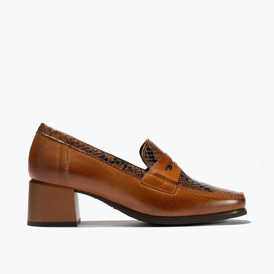 Women Calzaro Heeled shoes|Loafers|Comfort | Moccasins 1682 With Medium Heel Lucido/Zimba Light Brown Leather