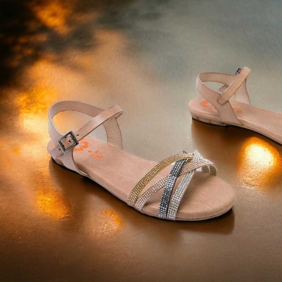 Women Calzaro Sandals | Flat Sandal 2910 With Alba Taupe Diamonds.