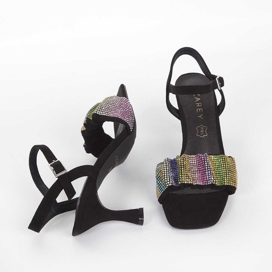 Women Calzaro Heeled shoes | Party Sandal Shoe 377 Black Multicolor With Strass Upper