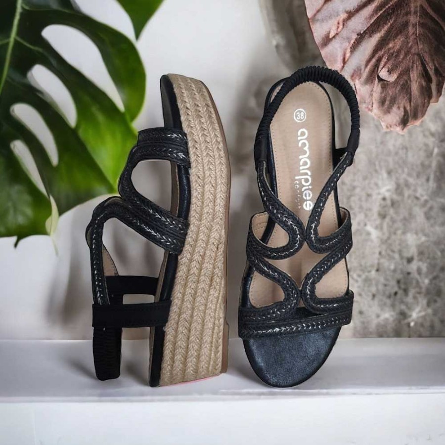 Women Calzaro Espadrilles | Jute Crib Sandal 23526 Black Braid Strips