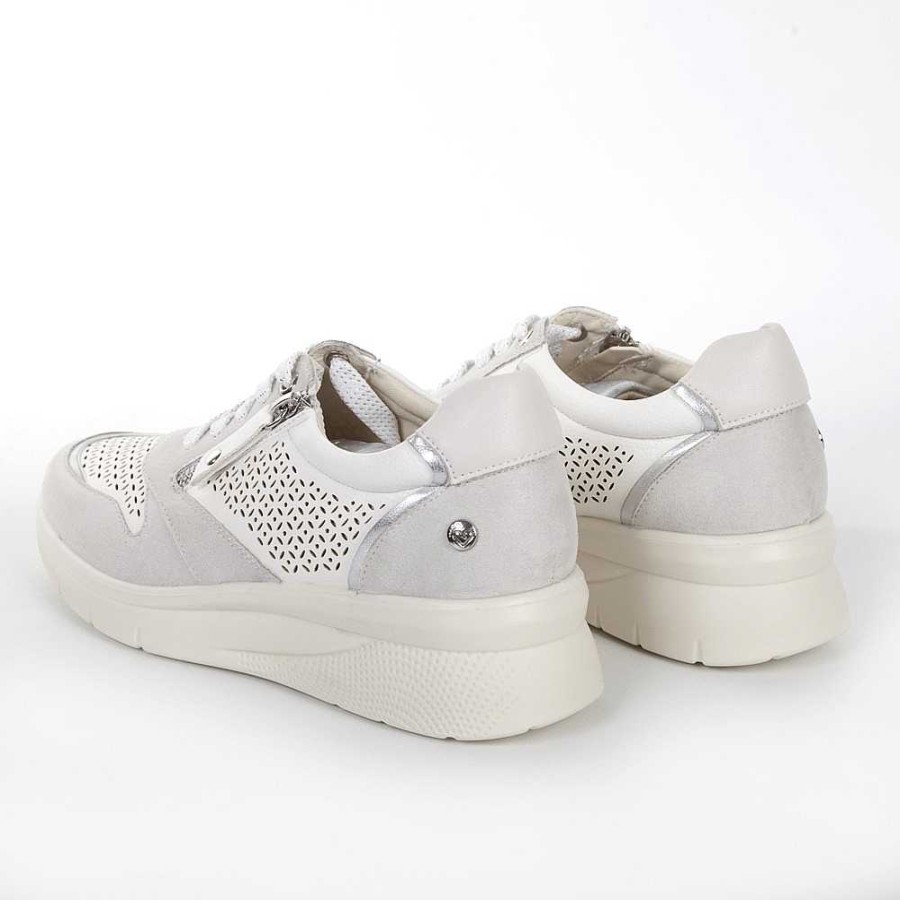 Women Calzaro Sneakers | Sports Cradle Laces And Cream. Perforated Side 23388 White