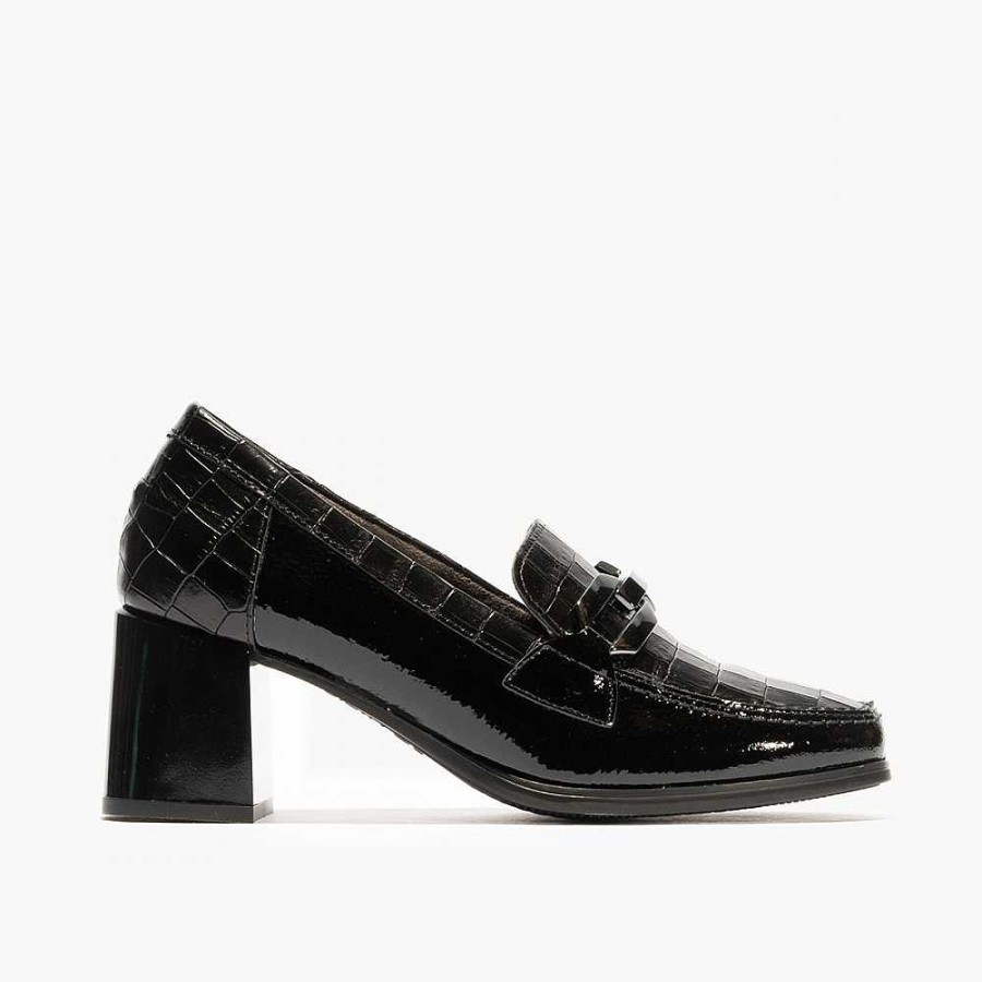 Women Calzaro Heeled shoes|Loafers|Comfort | Moccasins 5402 Black With Shiny Medium Heel