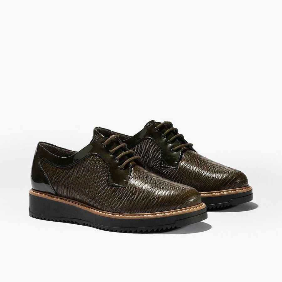 Women Calzaro Lace-up shoes | Tejus Women's Low Platform Blucher With Patent Leather 1671 Khaki Green