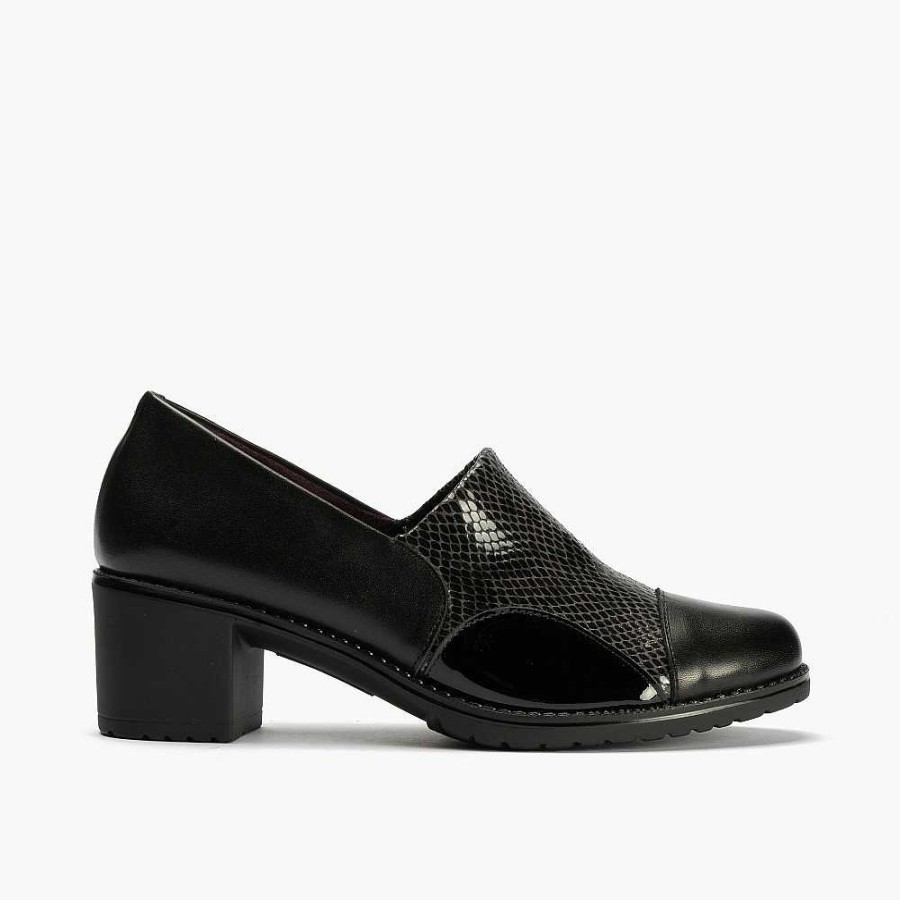 Women Calzaro Heeled shoes|Comfort | Ankle Boot Shoe With Lycra Classic Heel 1633 Shiny/Pithon/Black Patent Leather