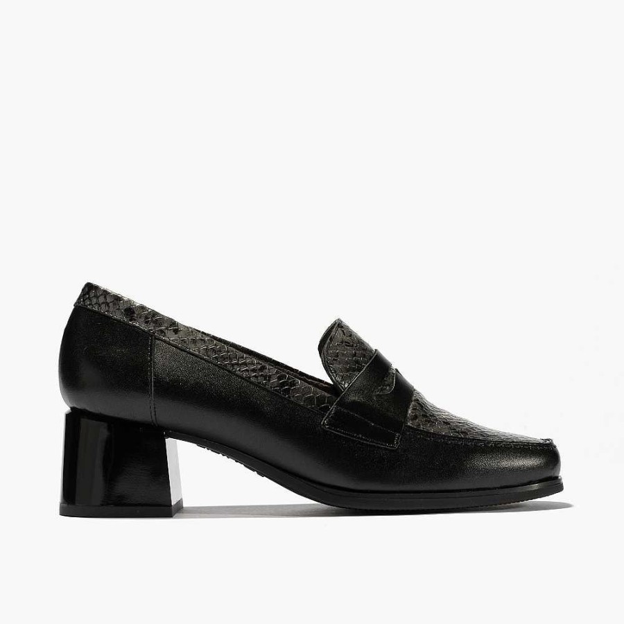 Women Calzaro Heeled shoes|Loafers|Comfort | Moccasins 1682 With Shiny Medium Heel/Zimba Black