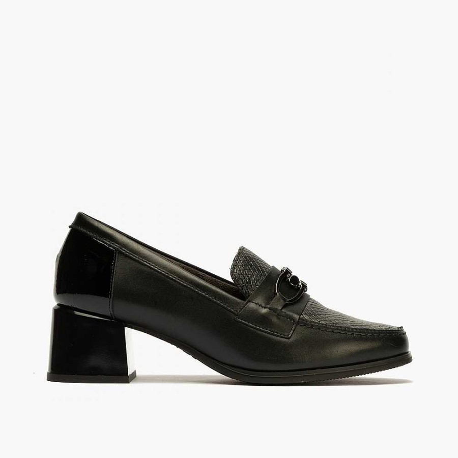 Women Calzaro Heeled shoes|Loafers|Comfort | Moccasins 5412 Black With Shiny Medium Heel