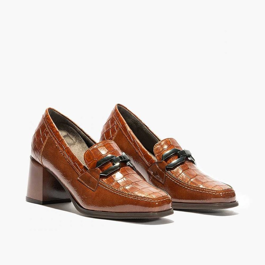 Women Calzaro Heeled shoes|Loafers|Comfort | Moccasins 5402 Leather With Shiny Medium Heel